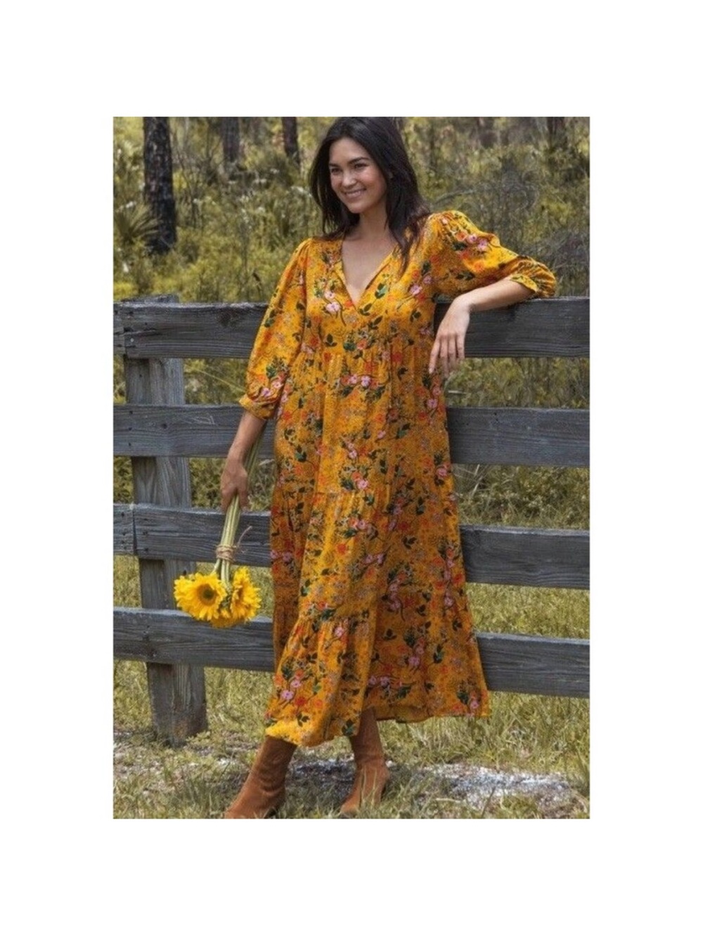 Natural Life Phoebe Maxi Dress Gold Yellow Boho Floral Women’s M oversized